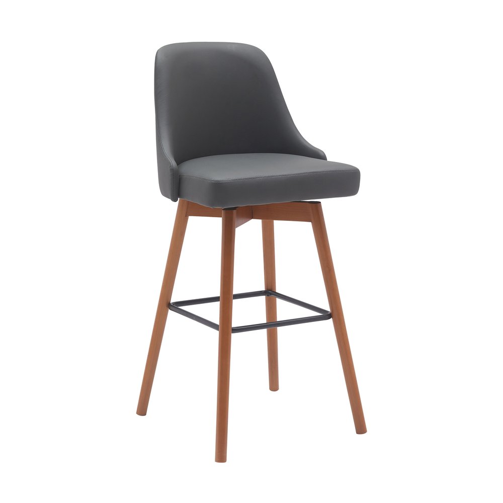 30" Gray And Brown Faux Leather And Fabric And Solid Wood Bar Height Swivel Bar Chair HomeRoots