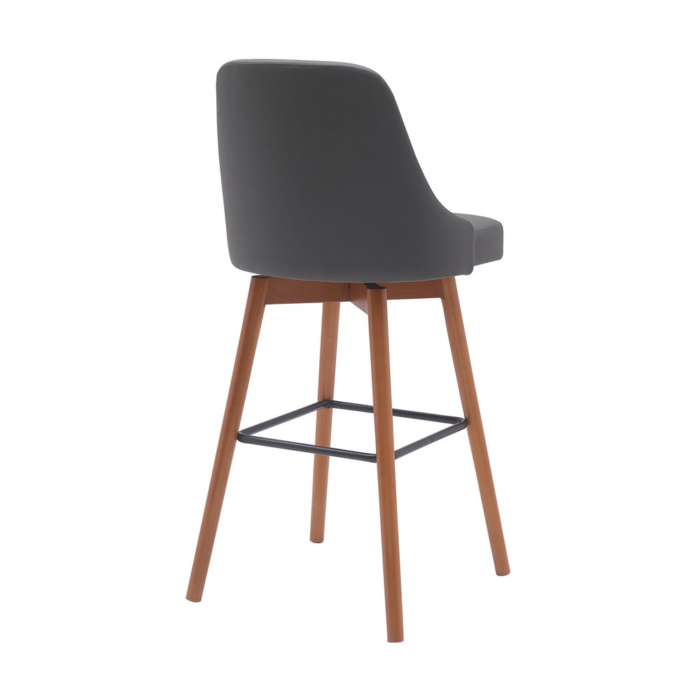 30" Gray And Brown Faux Leather And Fabric And Solid Wood Bar Height Swivel Bar Chair HomeRoots