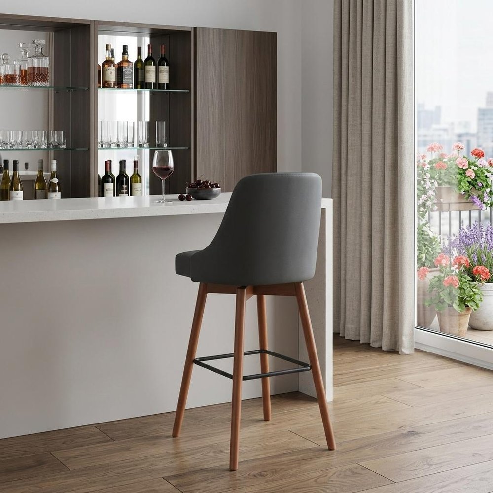 30" Gray And Brown Faux Leather And Fabric And Solid Wood Bar Height Swivel Bar Chair HomeRoots