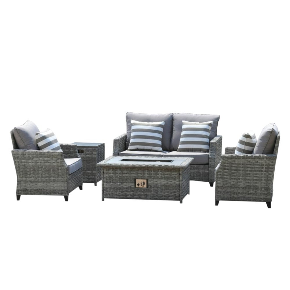 Five Piece Gray Rattan Sofa Seating Group With Fire Pit And Table HomeRoots