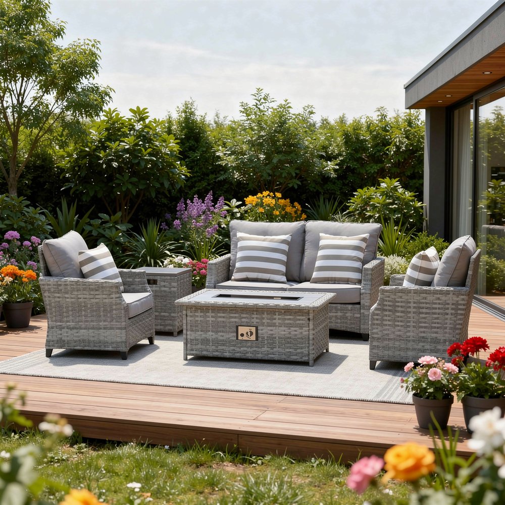 Five Piece Gray Rattan Sofa Seating Group With Fire Pit And Table — view 1
