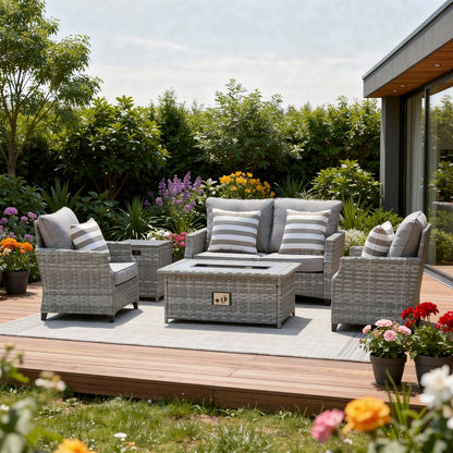 Five Piece Gray Rattan Sofa Seating Group With Fire Pit And Table HomeRoots