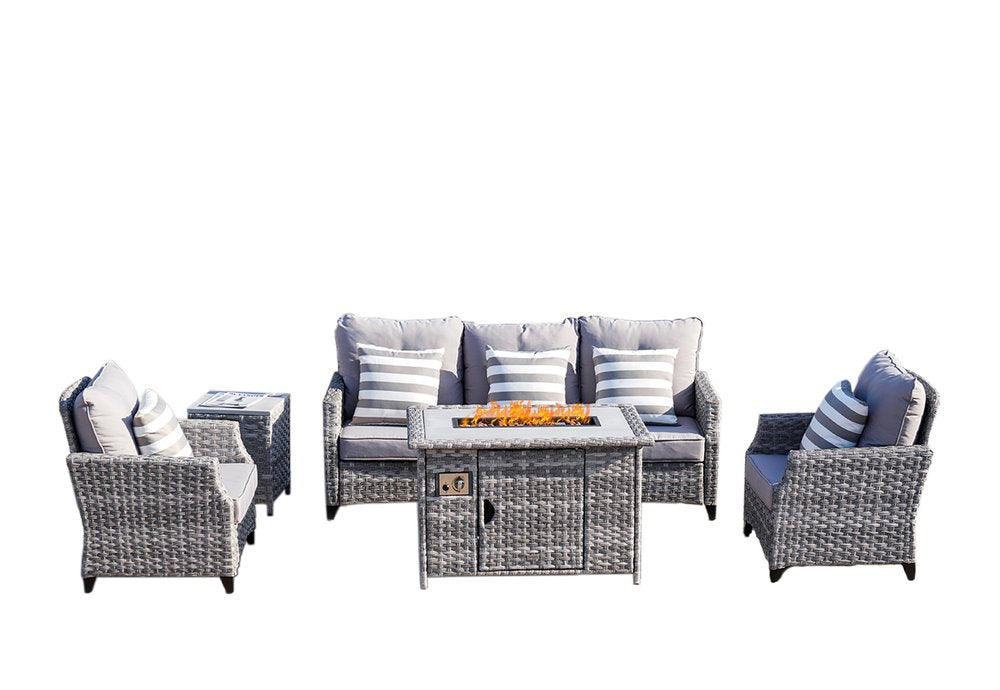 Five Piece Gray Rattan Sofa Seating Group With Fire Pit And Table — view 2