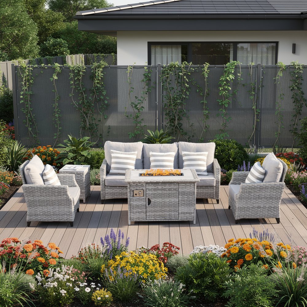 Five Piece Gray Rattan Sofa Seating Group With Fire Pit And Table HomeRoots