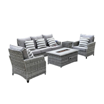 Five Piece Gray Rattan Sofa Seating Group With Fire Pit And Table HomeRoots