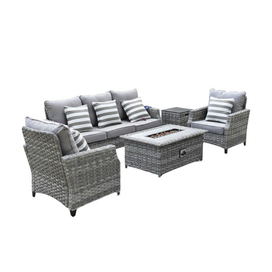 Five Piece Gray Rattan Sofa Seating Group With Fire Pit And Table