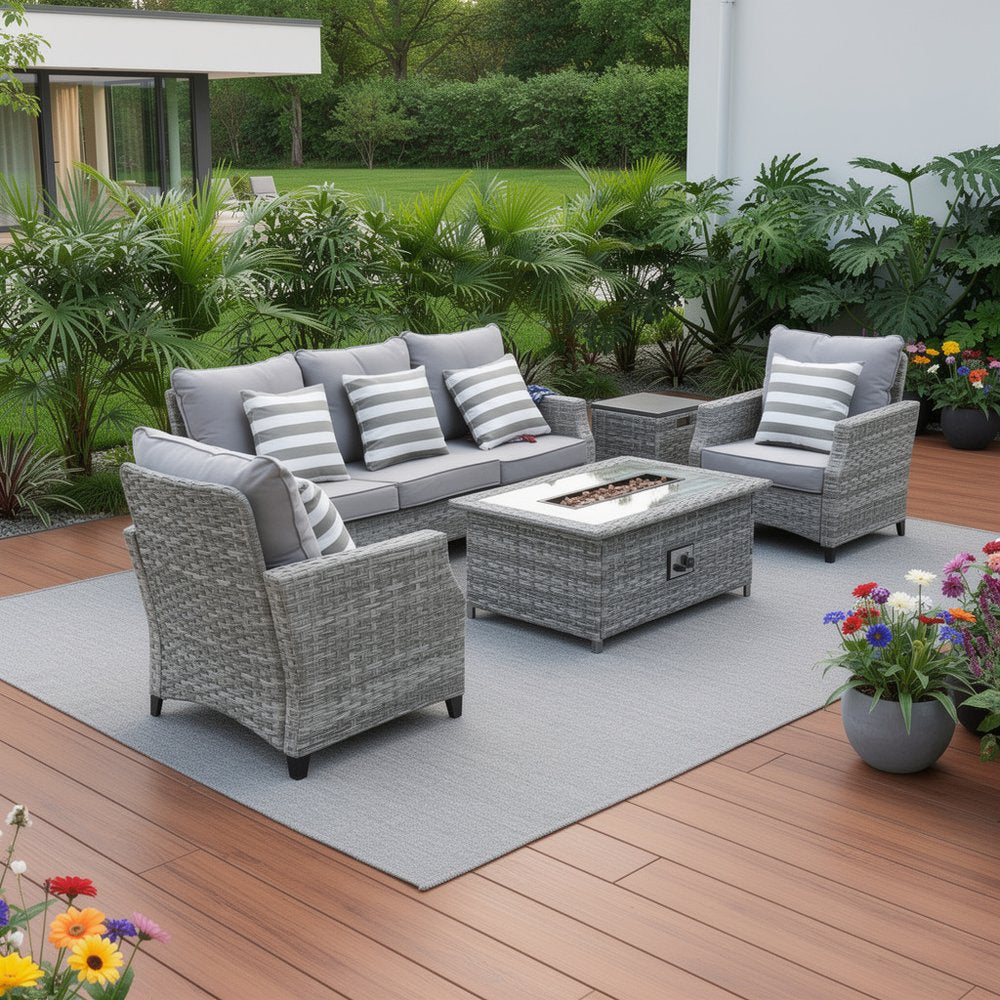 Five Piece Gray Rattan Sofa Seating Group With Fire Pit And Table — view 1
