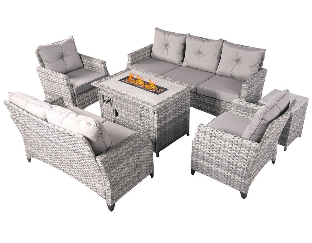 Six Piece Gray Rattan Sofa Seating Group With Fire Pit And Table — view 2