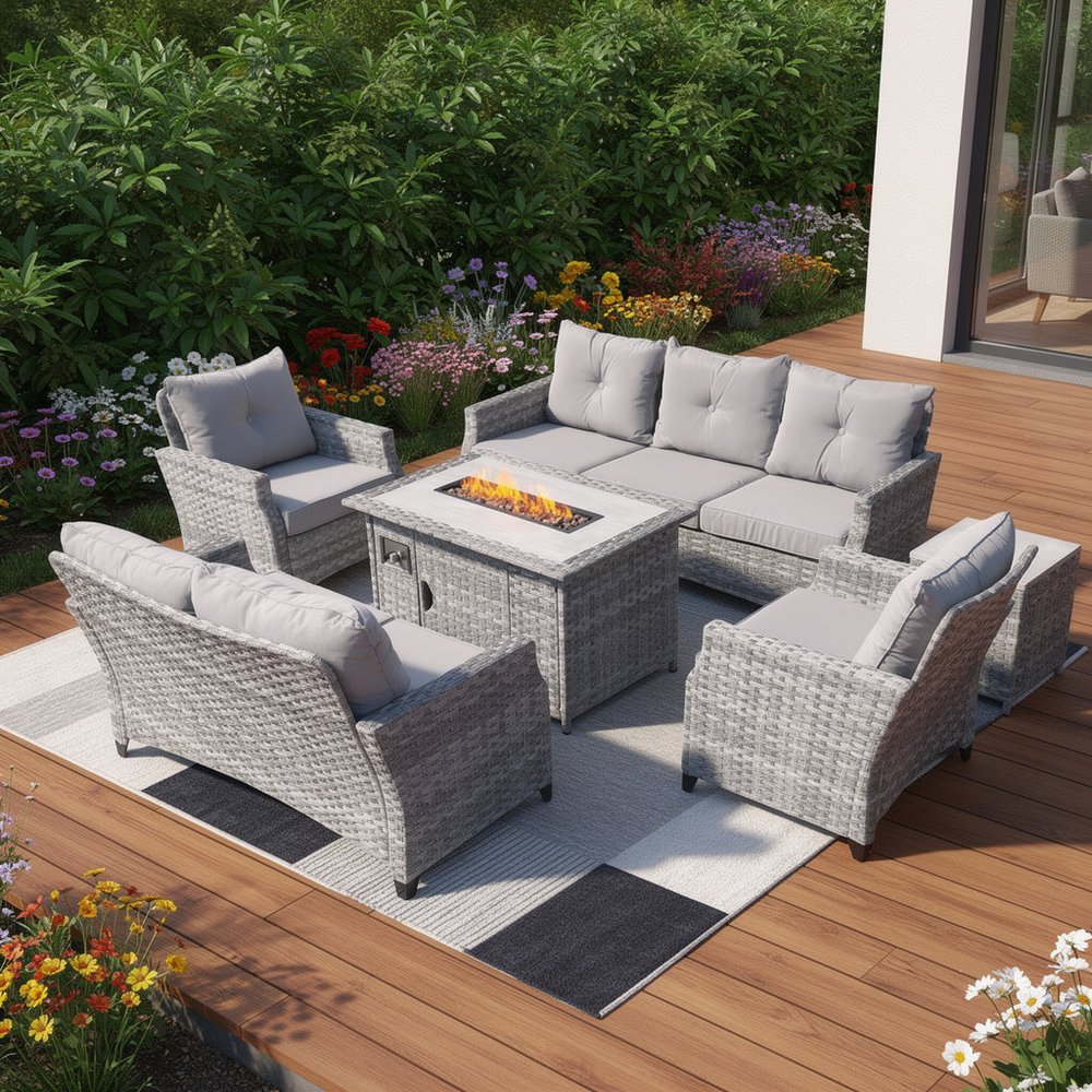Six Piece Gray Rattan Sofa Seating Group With Fire Pit And Table — view 1