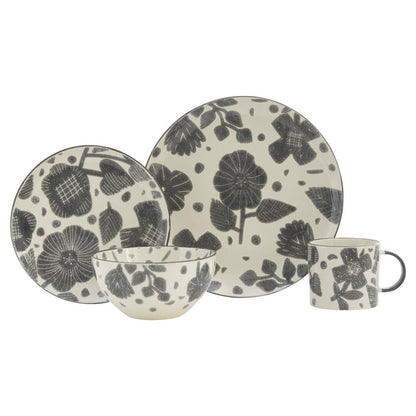 Gray and Ivory Sixteen Piece Round Floral Ceramic Service For Four Dinnerware Set HomeRoots