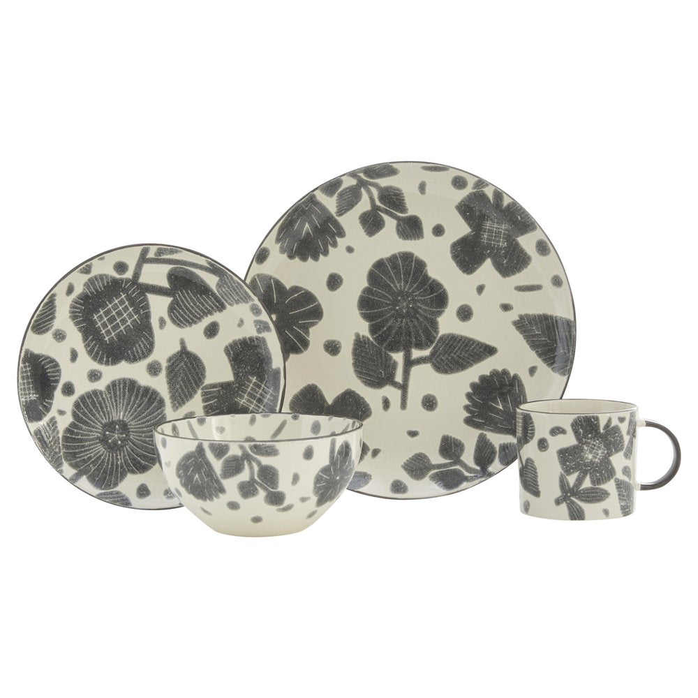 Gray and Ivory Sixteen Piece Round Floral Ceramic Service For Four Dinnerware Set HomeRoots