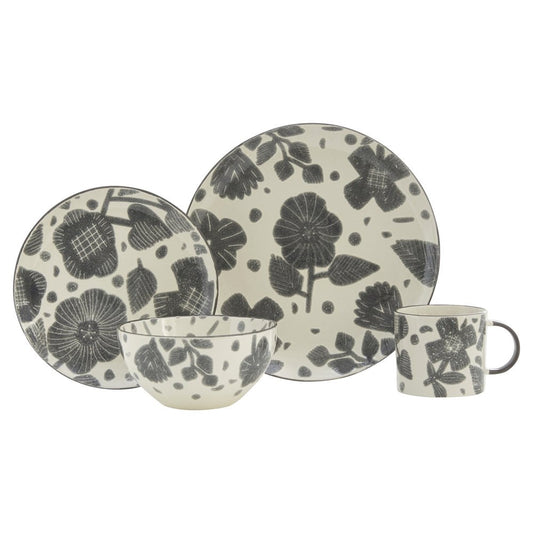 Gray and Ivory Sixteen Piece Round Floral Ceramic Service For Four Dinnerware Set HomeRoots