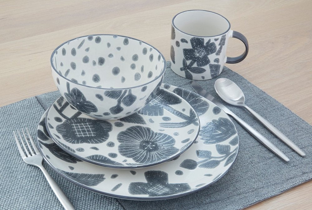 Gray and Ivory Sixteen Piece Round Floral Ceramic Service For Four Dinnerware Set HomeRoots
