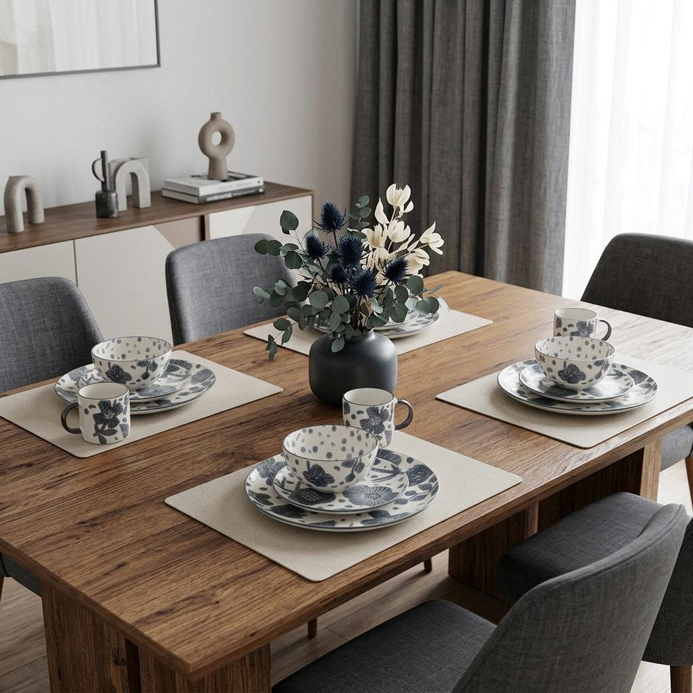 Gray and Ivory Sixteen Piece Round Floral Ceramic Service For Four Dinnerware Set HomeRoots