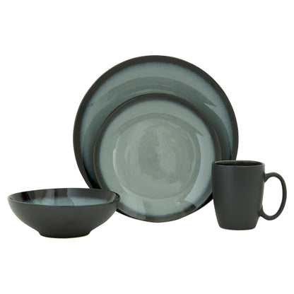 Green and Black Sixteen Piece Round Tone on Tone Ceramic Service For Four Dinnerware Set