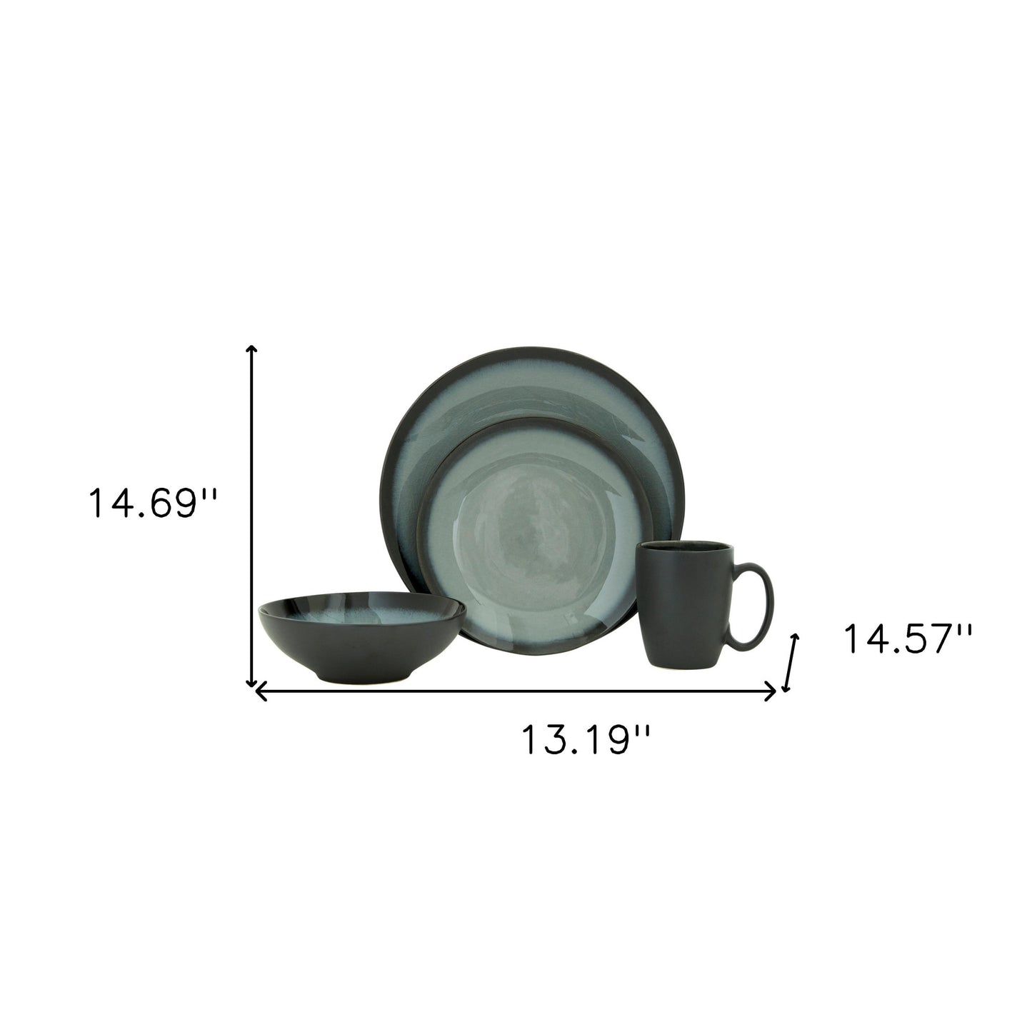 Green and Black Sixteen Piece Round Tone on Tone Ceramic Service For Four Dinnerware Set