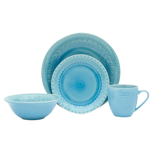 Aqua Sixteen Piece Floral Medallion Ceramic Service For Four Dinnerware Set