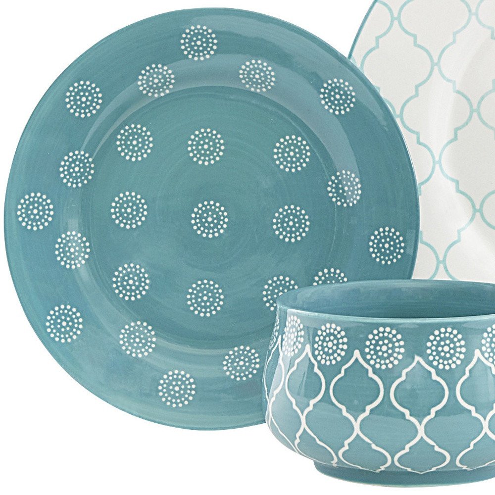 Turquoise Sixteen Piece Round Trellis Ceramic Service For Four Dinnerware Set HomeRoots