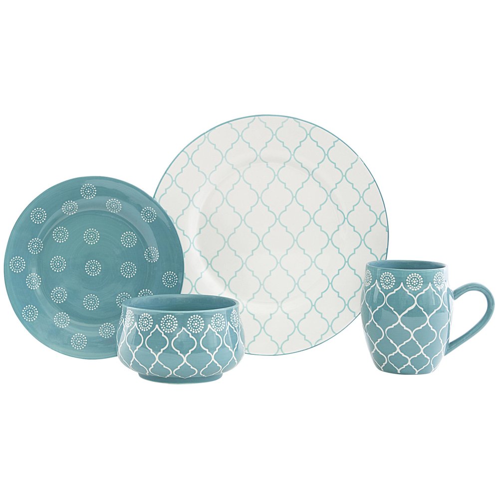 Turquoise Sixteen Piece Round Trellis Ceramic Service For Four Dinnerware Set HomeRoots