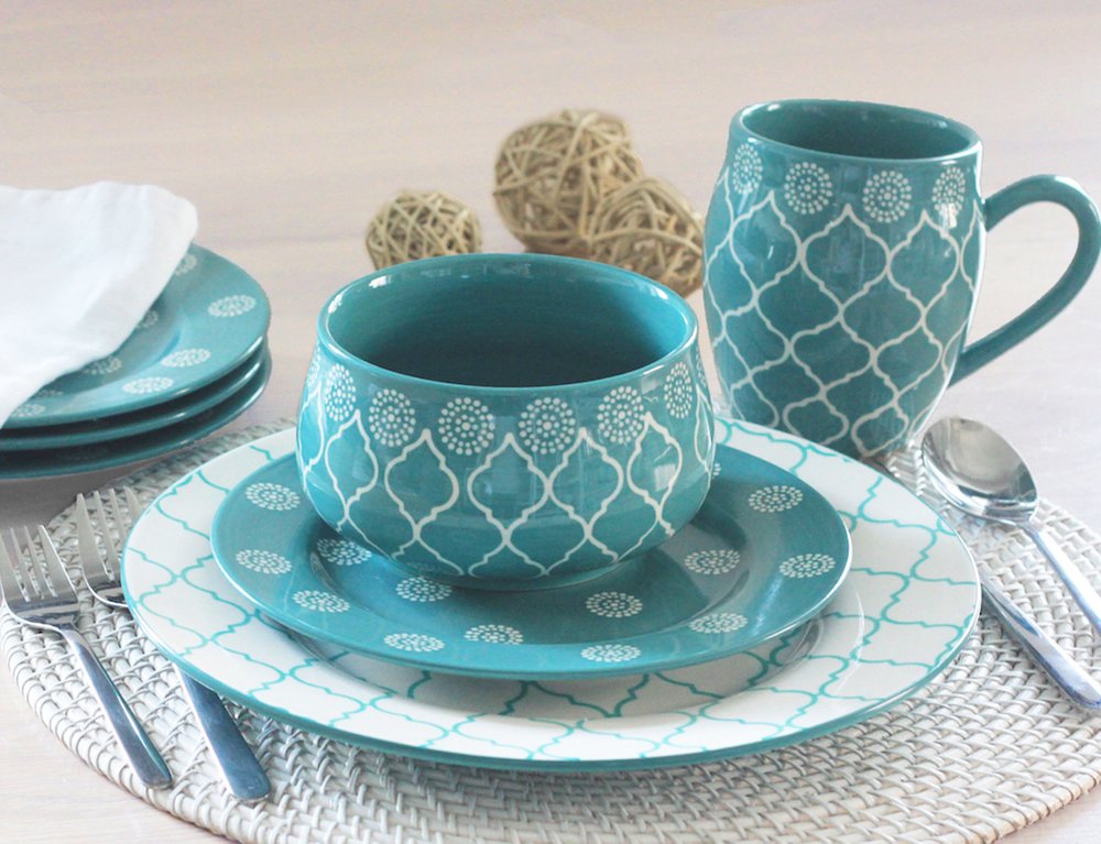 Turquoise Sixteen Piece Round Trellis Ceramic Service For Four Dinnerware Set HomeRoots