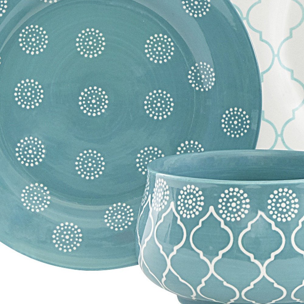 Turquoise Sixteen Piece Round Trellis Ceramic Service For Four Dinnerware Set HomeRoots