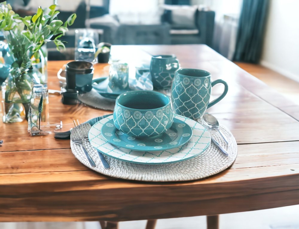 Turquoise Sixteen Piece Round Trellis Ceramic Service For Four Dinnerware Set HomeRoots