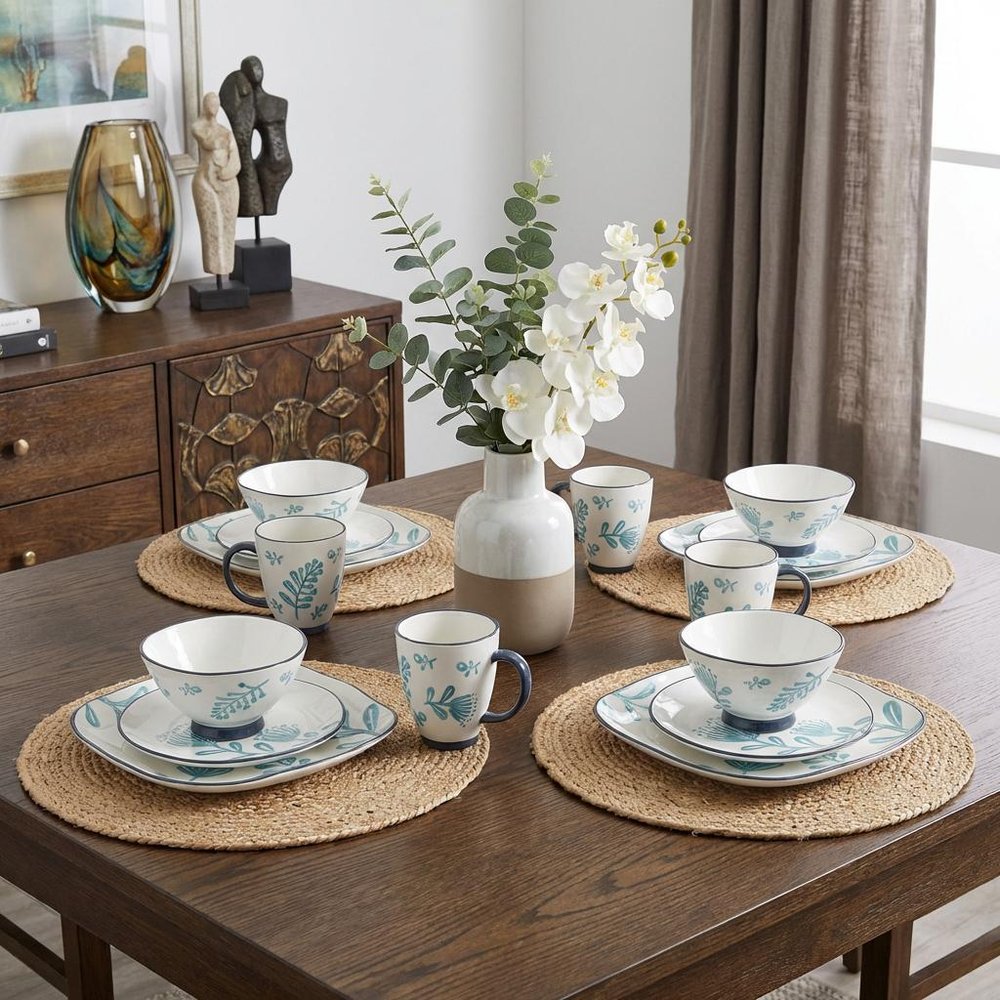 Blue and White Sixteen Piece Round Floral Ceramic Service For Four Dinnerware Set HomeRoots