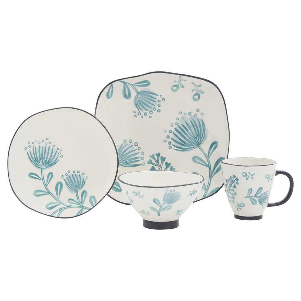 Blue and White Sixteen Piece Round Floral Ceramic Service For Four Dinnerware Set HomeRoots
