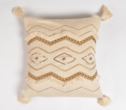 16" Beige and Gold Geometric Cotton Throw Pillow Cover With Sequins, Tassels FurniFindUSA