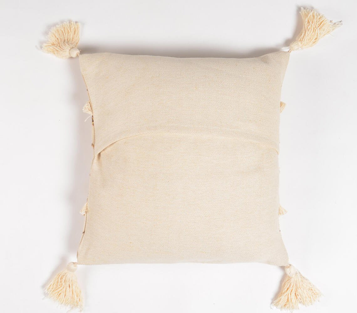16" Beige and Gold Geometric Cotton Throw Pillow Cover With Sequins, Tassels FurniFindUSA