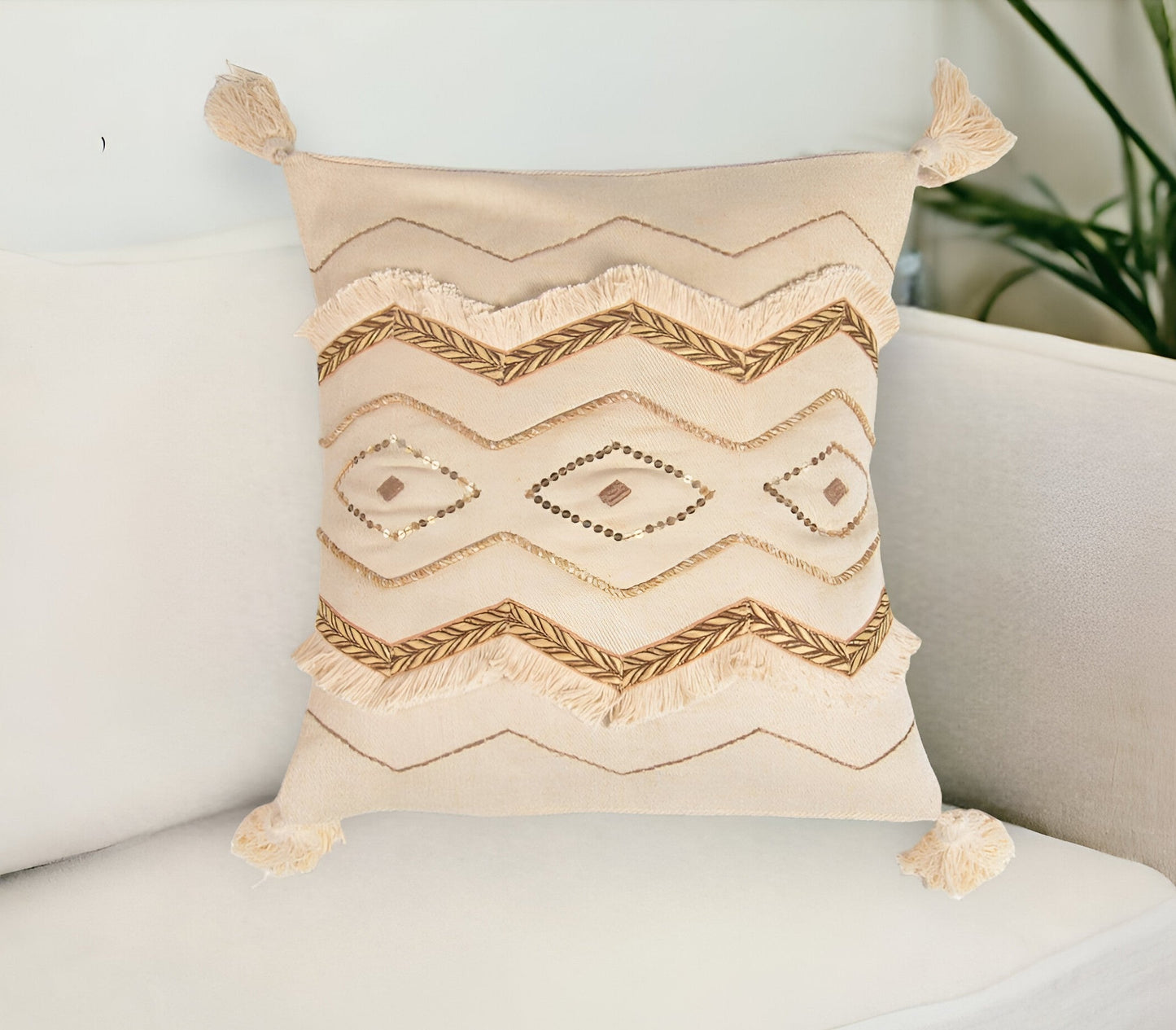 16" Beige and Gold Geometric Cotton Throw Pillow Cover With Sequins, Tassels FurniFindUSA