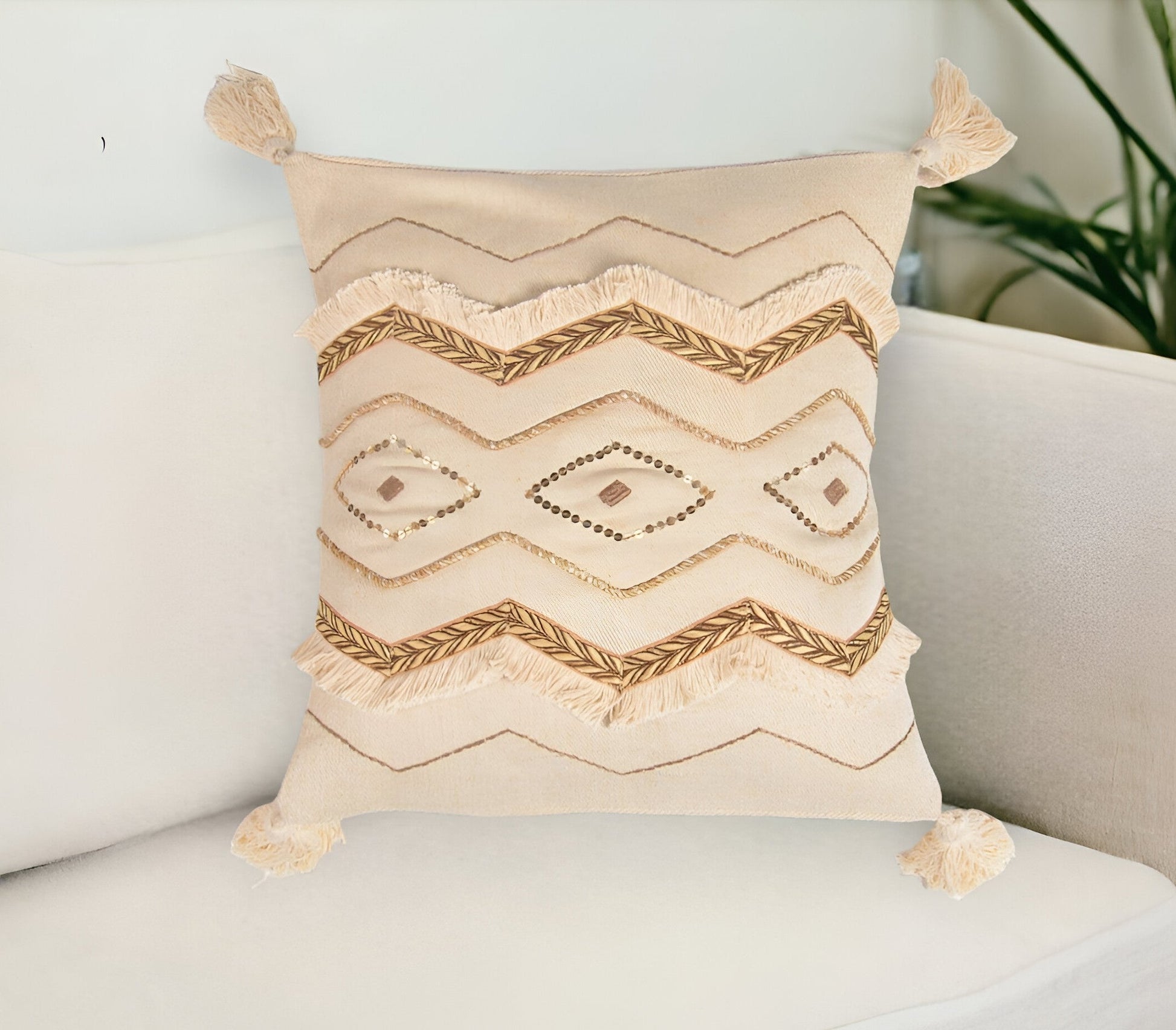 16" Beige and Gold Geometric Cotton Throw Pillow Cover With Sequins, Tassels FurniFindUSA