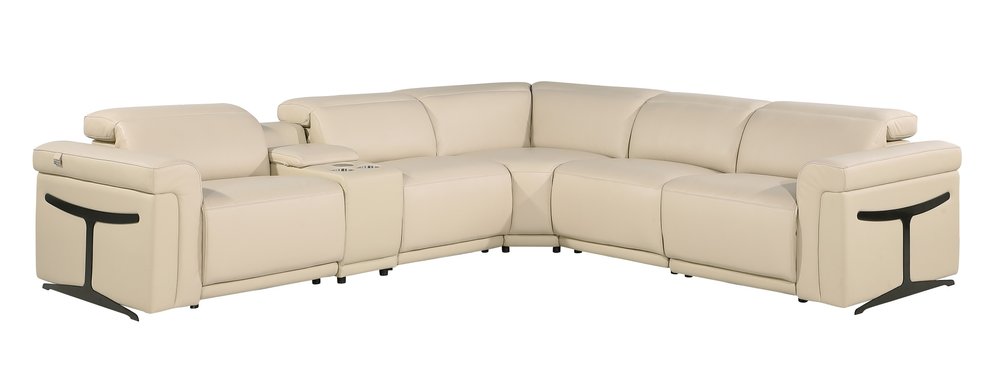 Beige Italian Leather Modular L Shaped Six Piece Corner Sectional With Console HomeRoots