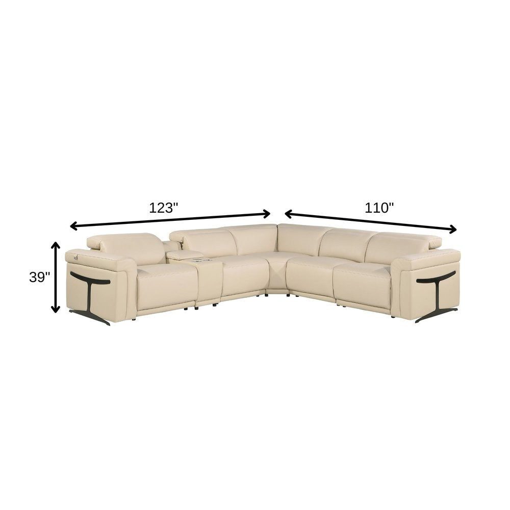 Beige Italian Leather Modular L Shaped Six Piece Corner Sectional With Console HomeRoots