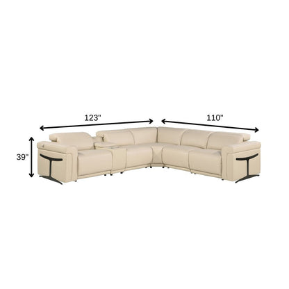 Beige Italian Leather Modular L Shaped Six Piece Corner Sectional With Console HomeRoots