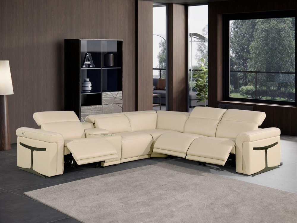 Beige Italian Leather Modular L Shaped Six Piece Corner Sectional With Console HomeRoots