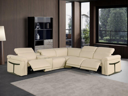 Beige Italian Leather Modular L Shaped Six Piece Corner Sectional With Console HomeRoots