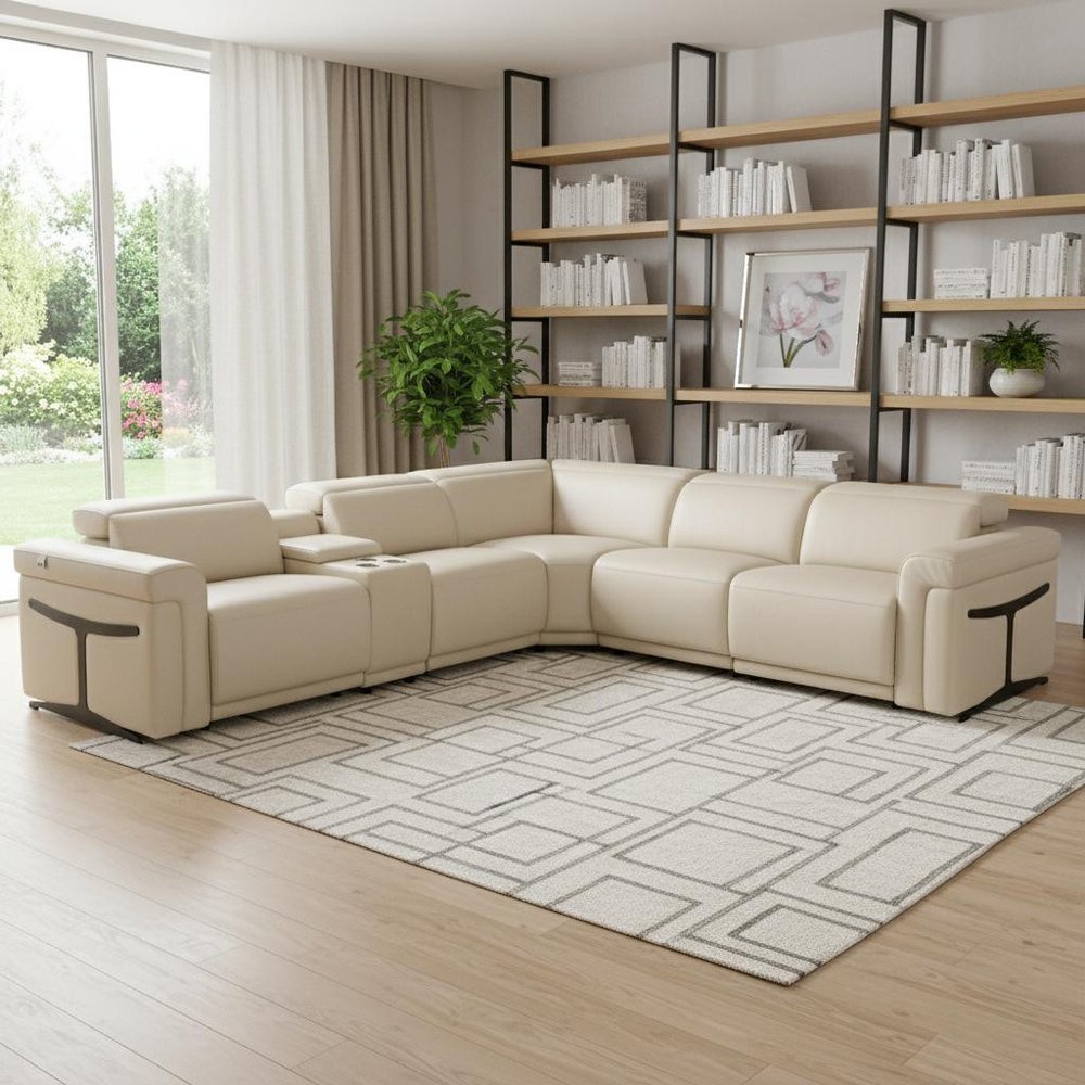 Beige Italian Leather Modular L Shaped Six Piece Corner Sectional With Console HomeRoots