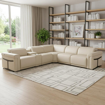 Beige Italian Leather Modular L Shaped Six Piece Corner Sectional With Console HomeRoots