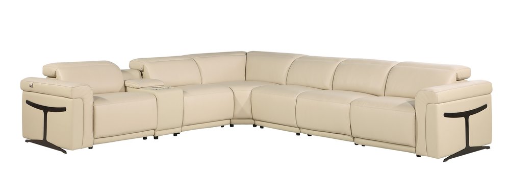 Beige Italian Leather Modular L Shaped Seven Piece Corner Sectional With Console HomeRoots