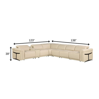 Beige Italian Leather Modular L Shaped Seven Piece Corner Sectional With Console HomeRoots