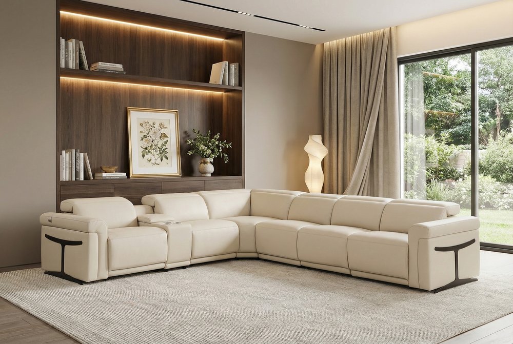 Beige Italian Leather Modular L Shaped Seven Piece Corner Sectional With Console HomeRoots