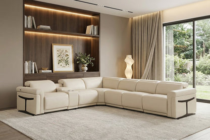 Beige Italian Leather Modular L Shaped Seven Piece Corner Sectional With Console HomeRoots