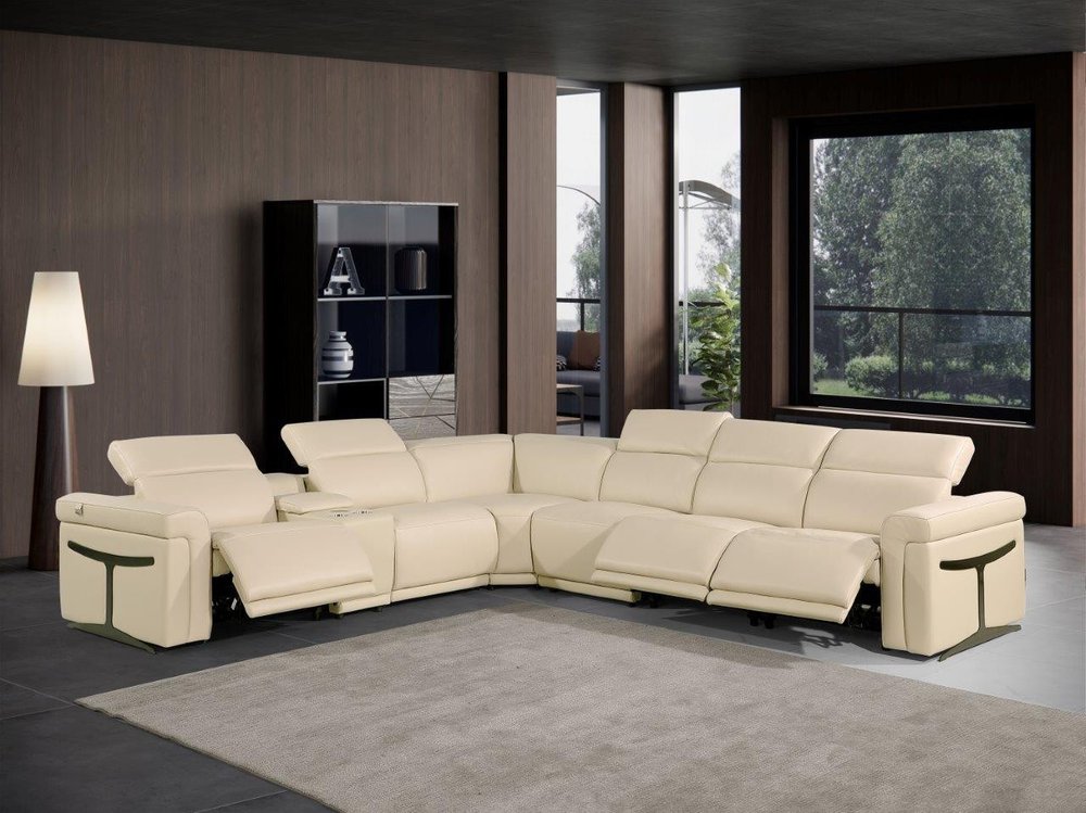 Beige Italian Leather Modular L Shaped Seven Piece Corner Sectional With Console HomeRoots