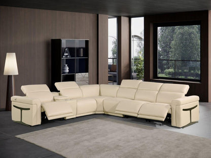 Beige Italian Leather Modular L Shaped Seven Piece Corner Sectional With Console HomeRoots