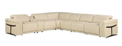 Beige Italian Leather Modular L Shaped Seven Piece Corner Sectional With Console HomeRoots