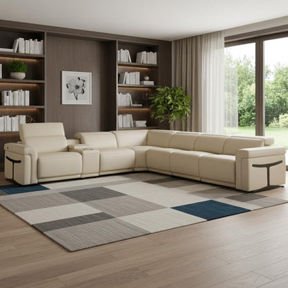 Beige Italian Leather Modular L Shaped Seven Piece Corner Sectional With Console HomeRoots