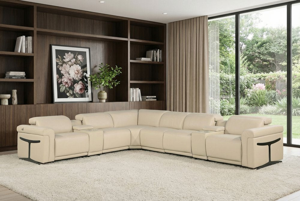 Beige Italian Leather Modular L Shaped Eight Piece Corner Sectional With Console HomeRoots