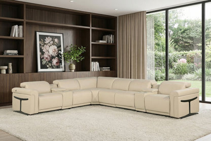 Beige Italian Leather Modular L Shaped Eight Piece Corner Sectional With Console HomeRoots