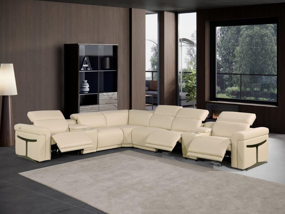 Beige Italian Leather Modular L Shaped Eight Piece Corner Sectional With Console HomeRoots